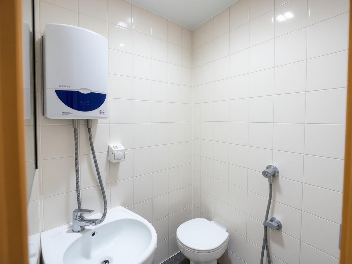 Clean shared washroom with geyser